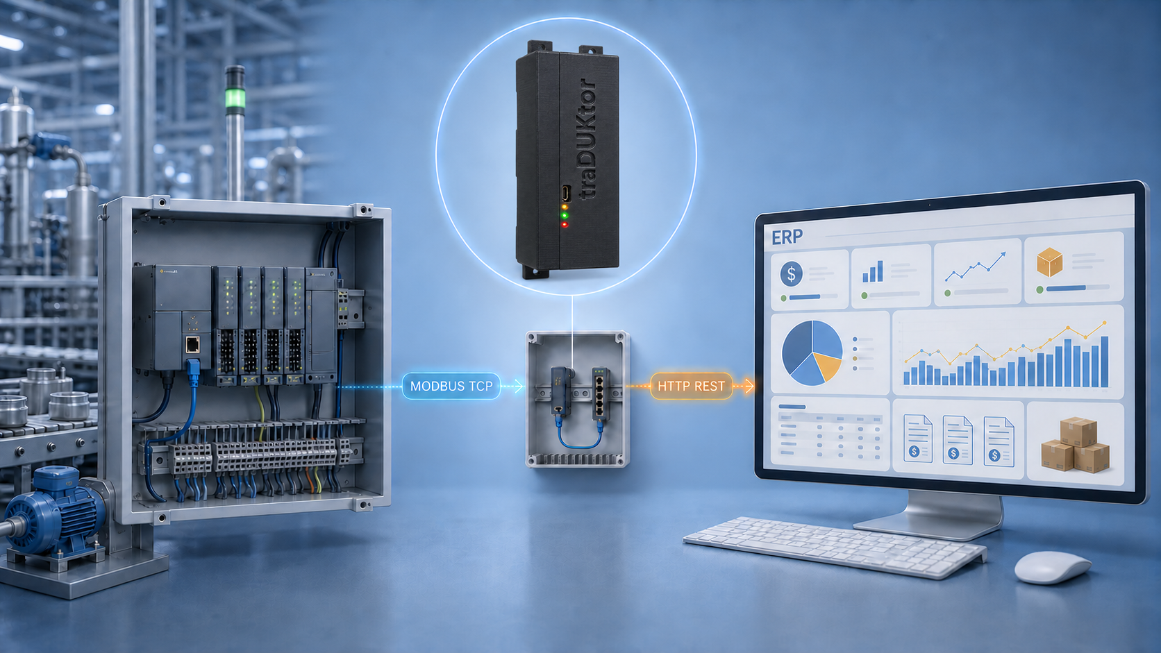 MODBUS TCP industrial data to ERP HTTP REST through traDUKtor