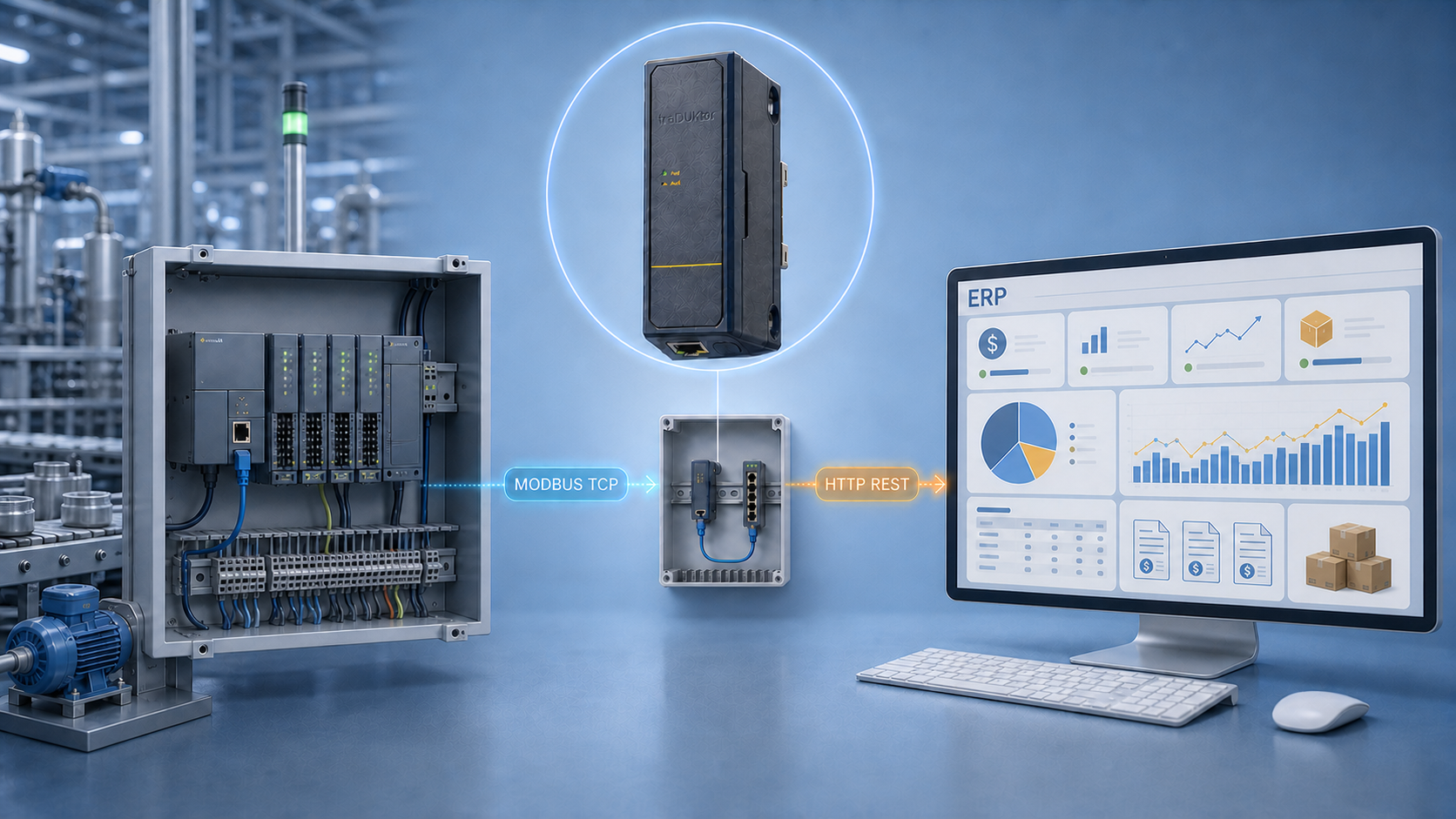 MODBUS TCP industrial data to ERP HTTP REST through traDUKtor