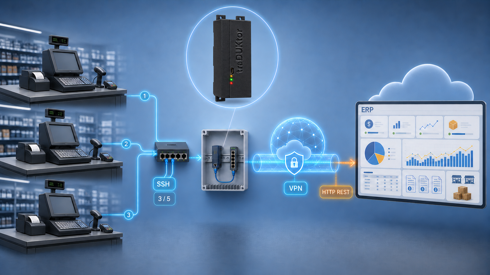 Three SSH point-of-sale terminals connected to an ERP HTTP REST API
